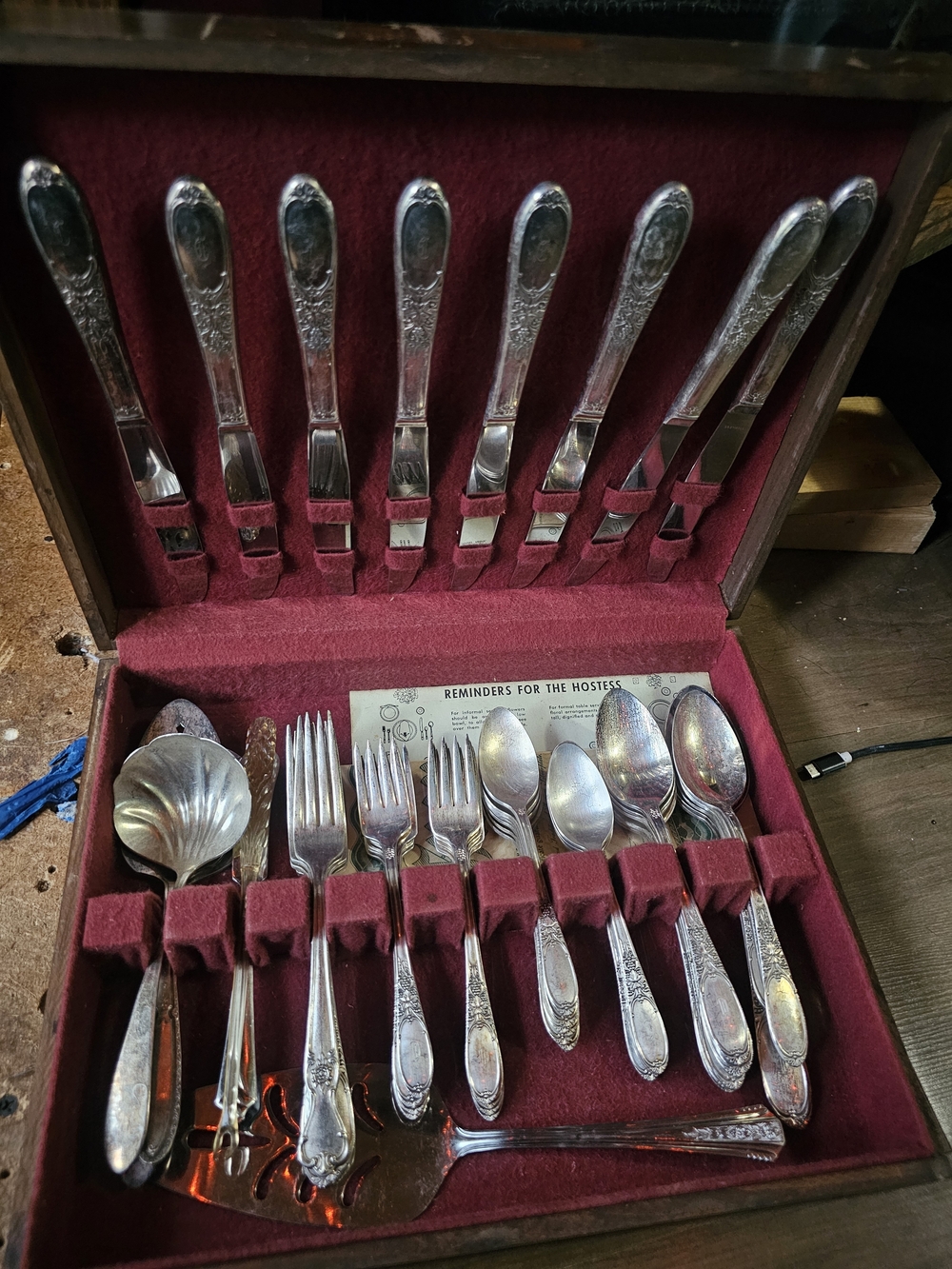 1940s Classic Ornate Silver-Tone Flatware Set in Burgundy